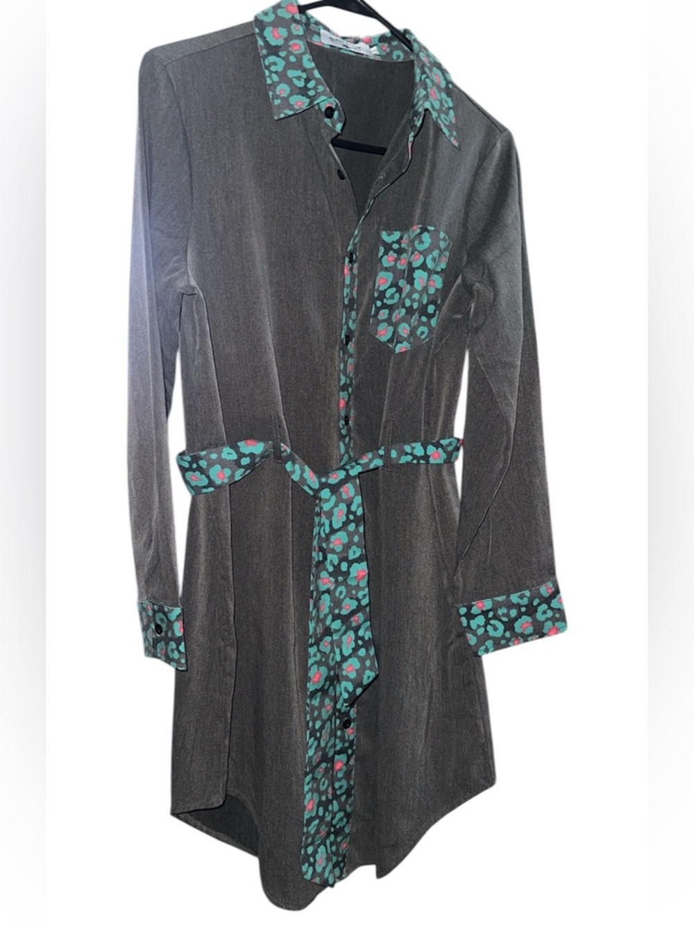 Crazy Train Dark Gray Shirt Dress with Teal & Pink Leopard Accents